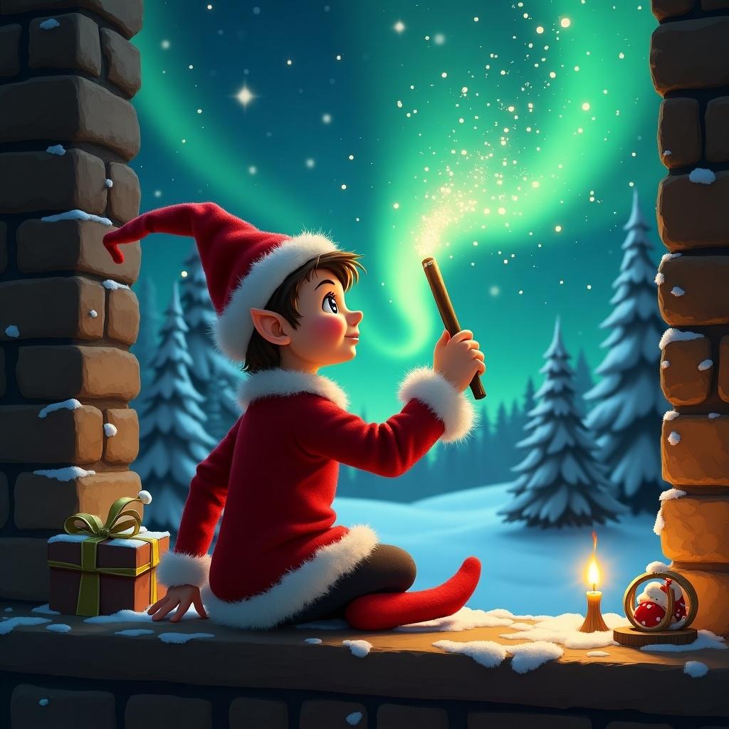 A traditional elf sits by a snowy window at the North Pole, gazing up at the vibrant northern lights. The elf is dressed in a bright red outfit with a Santa hat and an adorable little tail. With a magic wand in hand, the elf joyfully writes the name 'Brynley' in the shimmering air. In the background, snow-covered trees enhance the winter wonderland atmosphere. A cozy candle flickers on the windowsill, and a gift sits nearby, adding to the holiday spirit. The scene is filled with a sense of wonder and magic, capturing the essence of Christmas cheer.