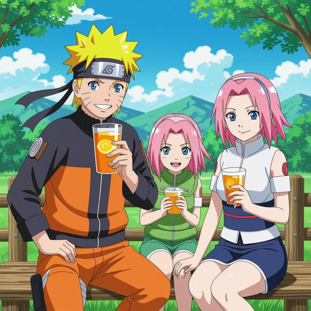 Three characters from Naruto enjoying drinks in a summer setting under a clear blue sky with mountains in the background. Bright colors and cheerful atmosphere.