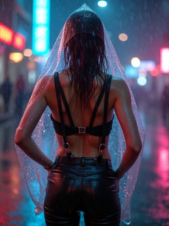 Woman in leather trousers wearing neon suspenders. See-through plastic poncho with raindrops. Standing on a neon lit street with hands on hips. Heavy rain with wet hair.