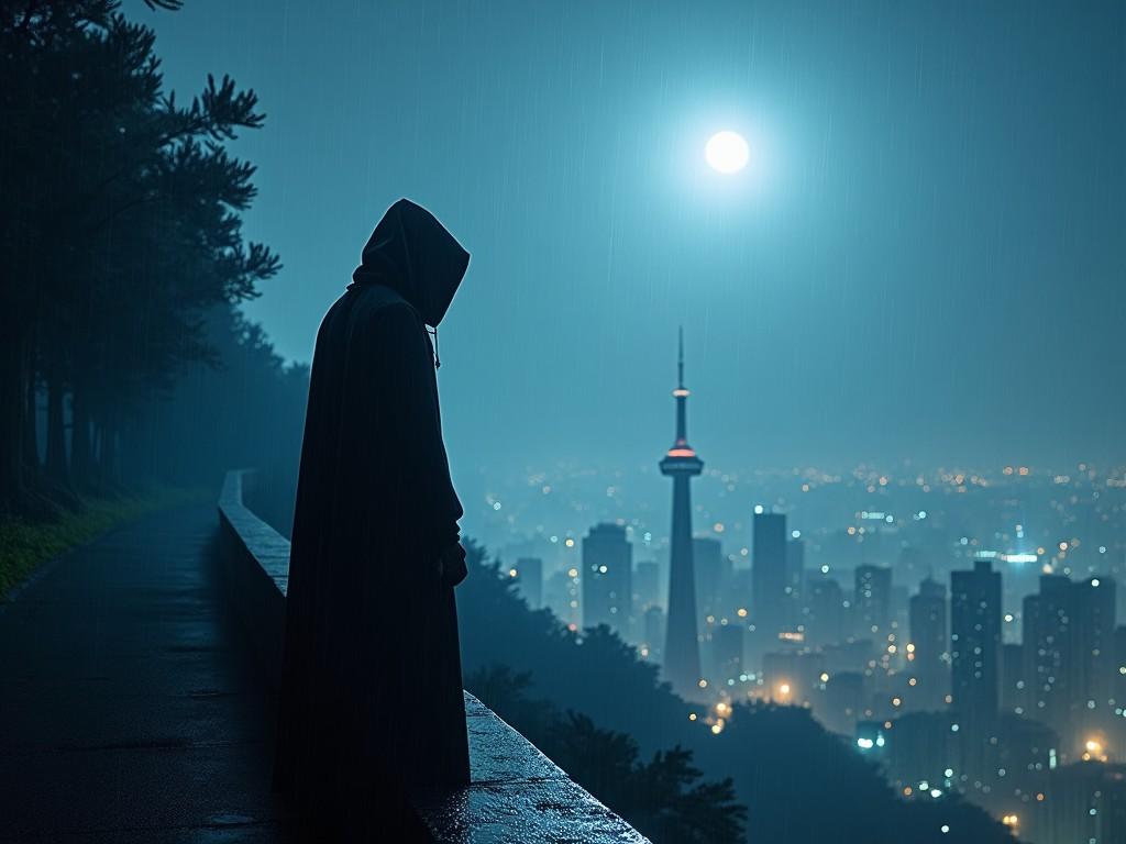 The image captures the silhouette of a hooded figure standing on a misty path during a rainy night. The full moon illuminates the scene, casting a mystical aura over the darkly clad figure. The surrounding trees and mist enhance the mysterious and eerie atmosphere. The image portrays a solitary figure dressed in a dark cloak, standing at the edge of a tall building, overlooking a sprawling city at night. The city below is illuminated with shimmering lights and features iconic skyscrapers, creating a striking contrast.