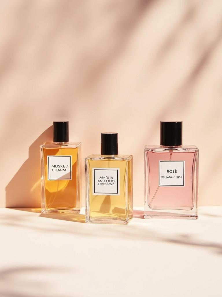 An attractive display showcases three perfume bottles. The designs are elegant with visible labels. The soft pastel background and natural lighting enhance the beauty of the products. The labels read 'MUSKED CHARM', 'AMBUR AND OUD SYMPHONY', and 'ROSÉ'.