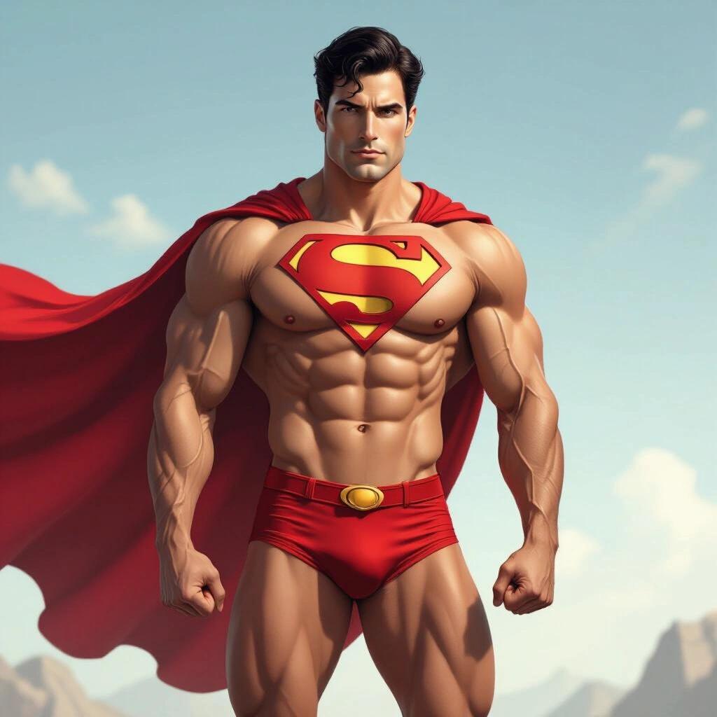 Muscular superhero in tight red trunks stands heroically. Bright blue sky background. Strong, confident pose. Vibrant colors and detailed muscles.