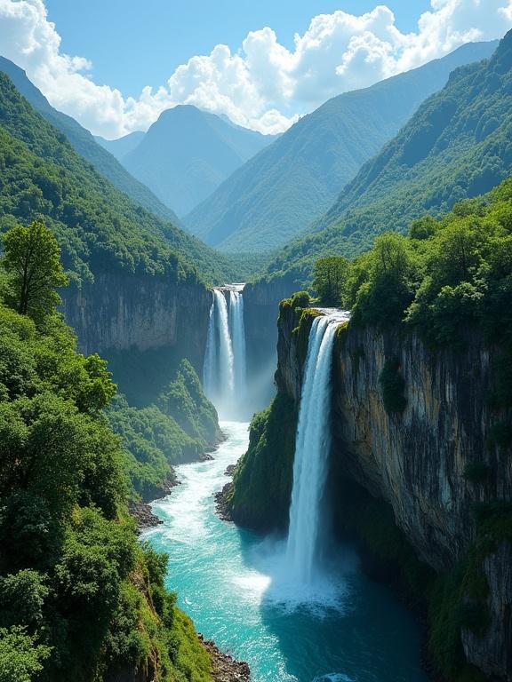 Aerial view of a waterfall in a rocky gorge. Lush greenery surrounds the waterfall. Water flows into a turquoise pool. River meanders away. Steep cliffs covered with vegetation. Mountains loom under a bright blue sky with fluffy clouds.