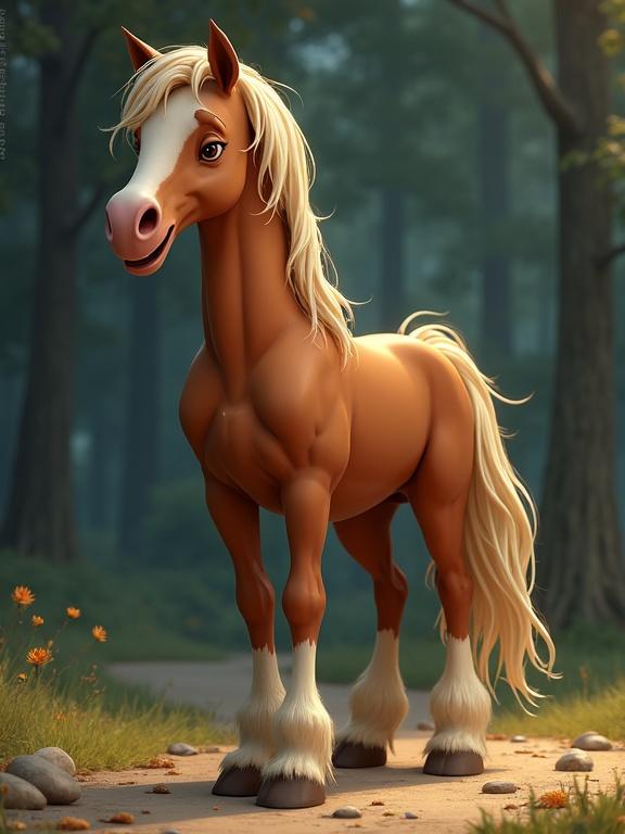 A cartoon horse with a friendly expression stands in a forest. The horse has a shiny coat and long mane. The background features trees and a path. The atmosphere is light and inviting.