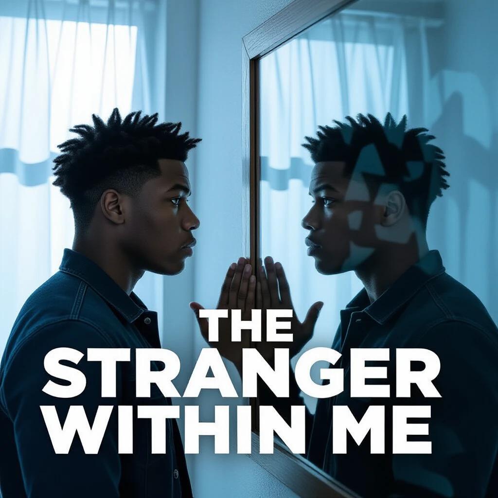 Movie poster for THE STRANGER WITHIN ME featuring a character staring into a mirror. Shadow version reaches out. Cool window light cuts through, creating geometric shapes and a double-exposure effect.