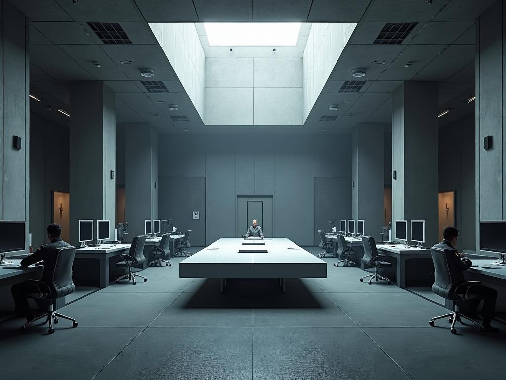 A sleek concrete interior of a sci-fi command center features a wide low ceiling and dark atmosphere. A large white strategy table is in the center among monitors and computer desks. Military personnel in grey uniforms are present. Dim lights shine down from above, casting shadows and highlighting the modern design elements.