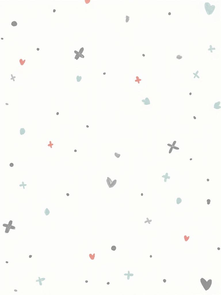 Light and soft background features playful pattern of doodles. Doodles include hearts stars and abstract shapes. Arranged randomly across the canvas for whimsical design. Primarily white and light gray colors create gentle appearance. Suitable for creative projects like stationery fabric or wallpaper.