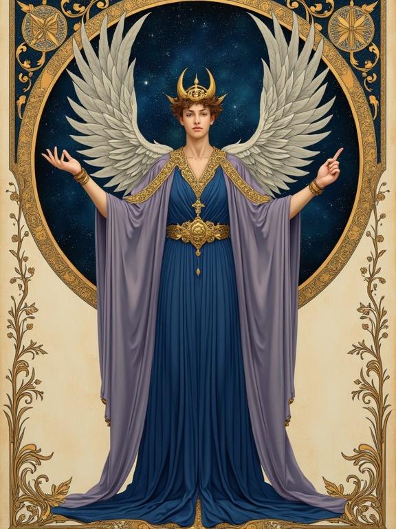 A full-body portrait of Stolas depicted in Art Nouveau style. The character wears flowing robes of deep indigo and soft violet with silver-gold accents. He possesses owl-like features and a slender crescent-horned crown. His enigmatic dark eyes reflect stars. Behind him, expansive feathered wings curve into a circular halo. An armillary sphere floats in his right hand. The background is parchment-toned with elegant gold-leaf scrollwork.