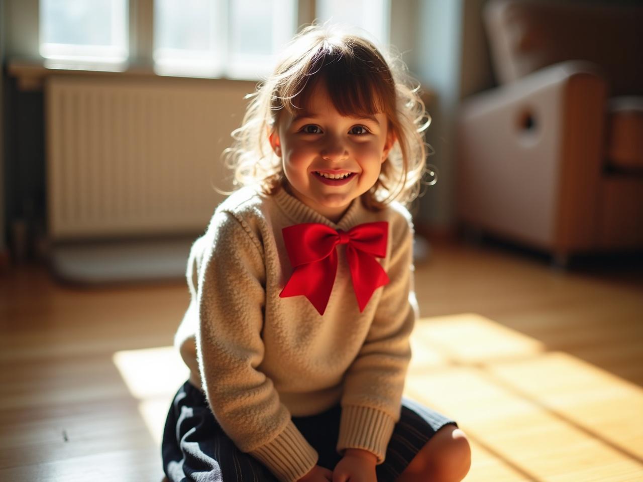 The image shows a young girl with a playful expression. She is sitting on the floor, wearing a cozy sweater and a school skirt. A large red ribbon adorns her neckline. Sunlight streams through a nearby window, creating a warm atmosphere. The background suggests a relaxed indoor space with a wooden floor and some furniture. The overall vibe is cute and cheerful.