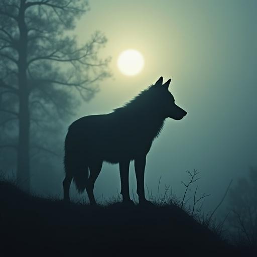 Silhouette of a wolf in a foggy evening setting. Mist surrounds the scene. Emotional and mysterious vibe. Haunting presence.