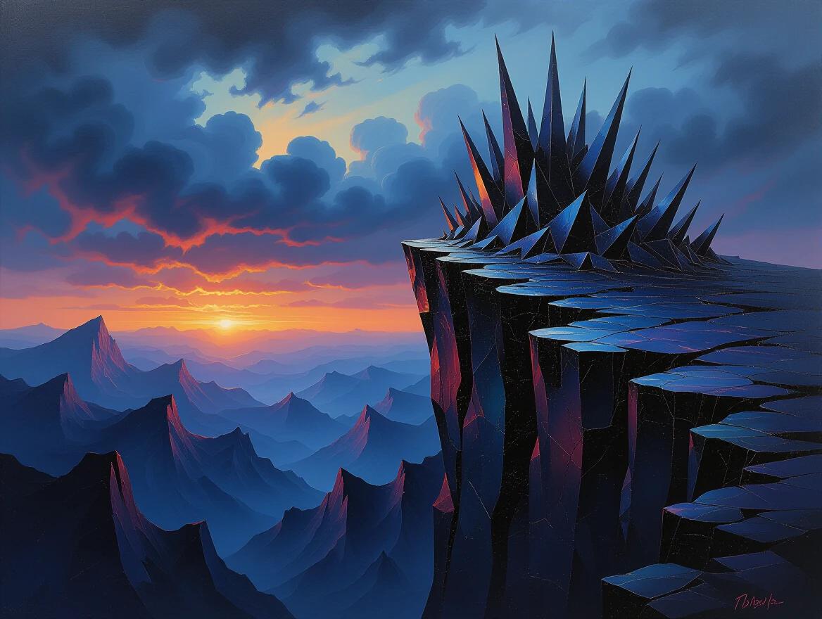 A sculptural oil painting features a dark fantasy landscape with sharp, obsidian-like mountains. A sheer cliff with a massive formation of spikes juts out. The sky is bruised and stormy during twilight. The spikes are made from thick paint with a matte finish. Surface rough and porous. Scene appears alien and natural.