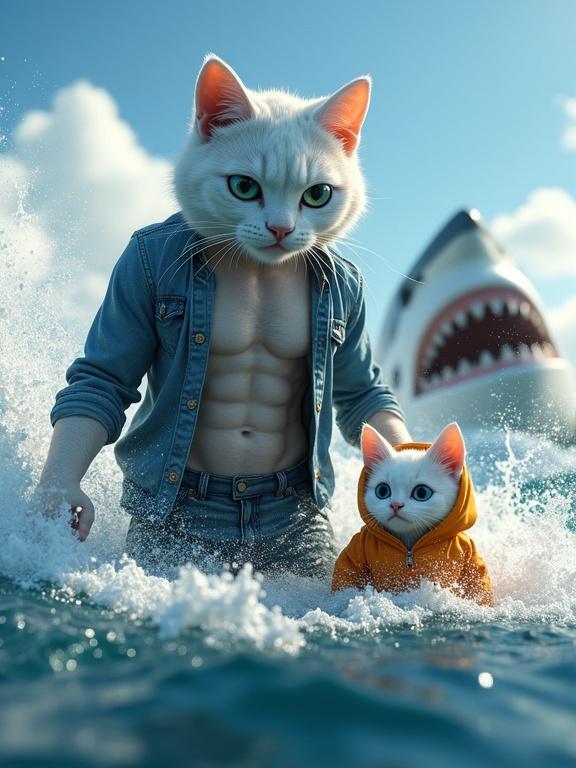 Photorealistic 3D art showing intense danger in open ocean. A muscular white humanoid cat protects a small kitten wearing an orange hooded jacket. They are surrounded by splashing water as a massive shark emerges. The scene has dramatic sunlight and clear high detail.