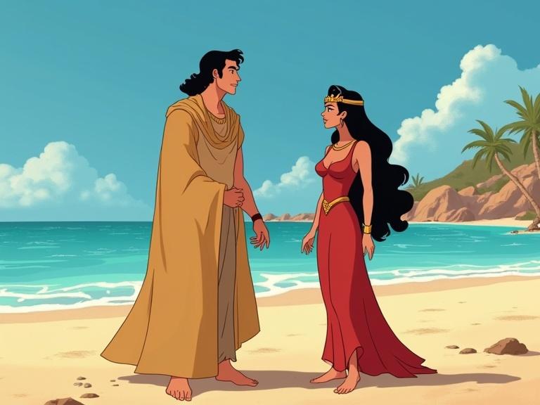 Antony and Cleopatra are standing on a beach. They are cartoon characters in Disney style. The scene is bright and colorful. The ocean and palm trees are in the background.