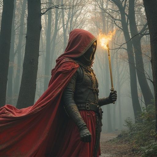 A cloaked figure stands in a foggy forest. The figure holds a torch with a flame. The cloak is red. The forest has tall trees. A sense of mystery and adventure fills the atmosphere.