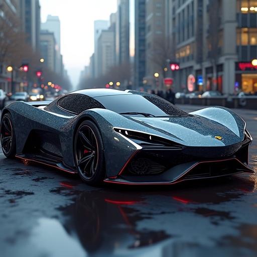 Flagship hypercar at night. Sleek design illuminated by city lights. Showcases modern technology and luxury. Surrounded by urban environment. Visual flair with reflections on wet pavement.