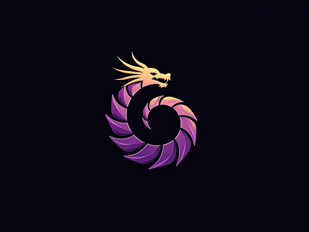 Minimalist long purple spiral dragon design with golden light tones on a black background for a logo. The dragon forms a circular spiral viewed from the front with its tail in the center.