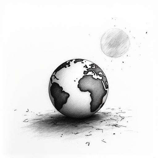 Line drawing of Earth on white background. Not abstract, focuses on relationship between Earth and life. Minimalist yet detailed.