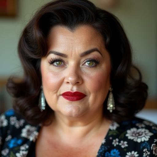 Portrait of a beautiful 35-year-old woman. She has face wrinkles and wears a vintage floral black and blue dress. Hair styled in a 1950's hairstyle. Big red lips and long diamond earrings enhance her features. She has green eyes and a confident, intense glance. Her body is chubby.
