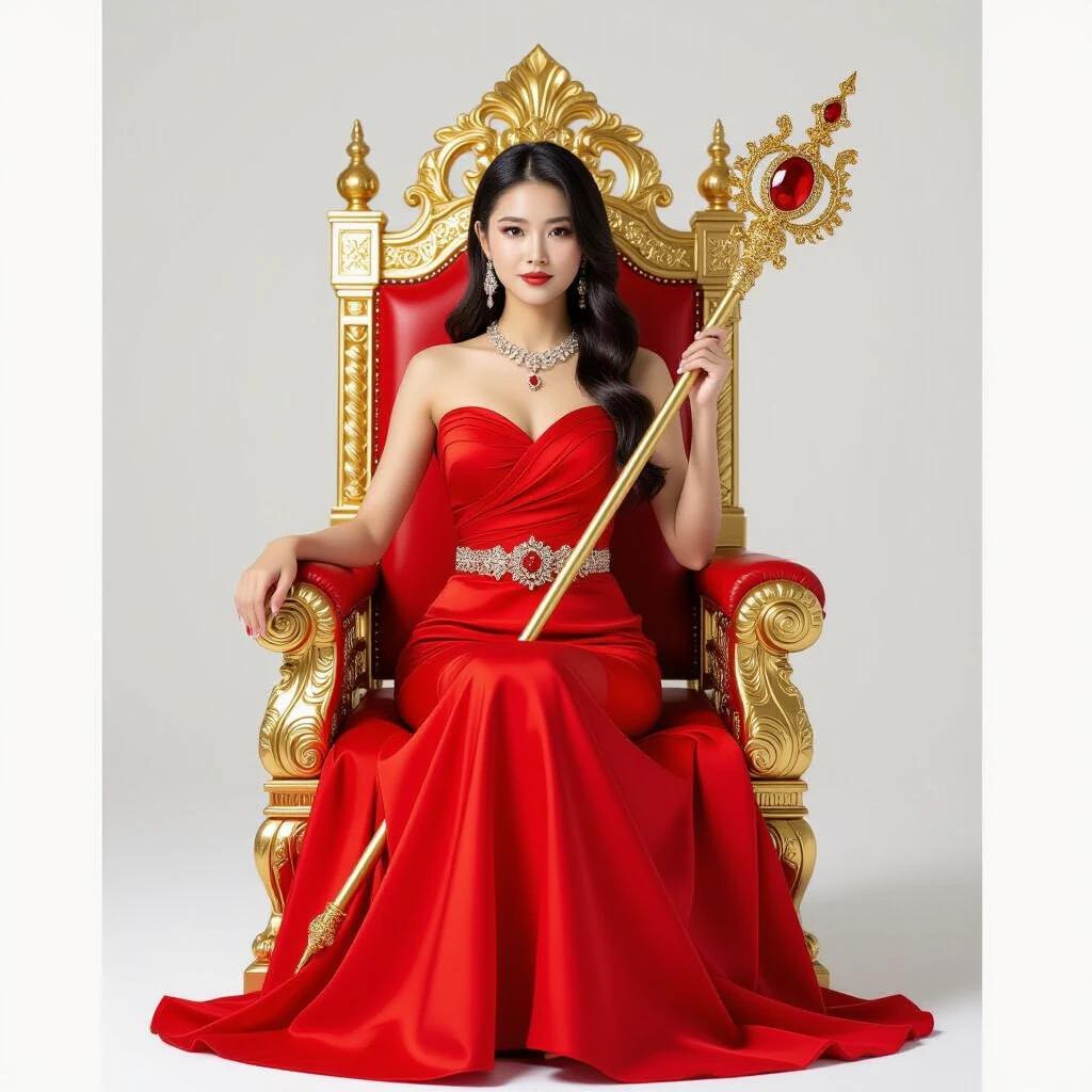 Asian girl wears a red dress and sits on a golden throne. She holds a gold staff adorned with a ruby gem. The setting conveys a royal atmosphere. The pose reflects confidence and grace.