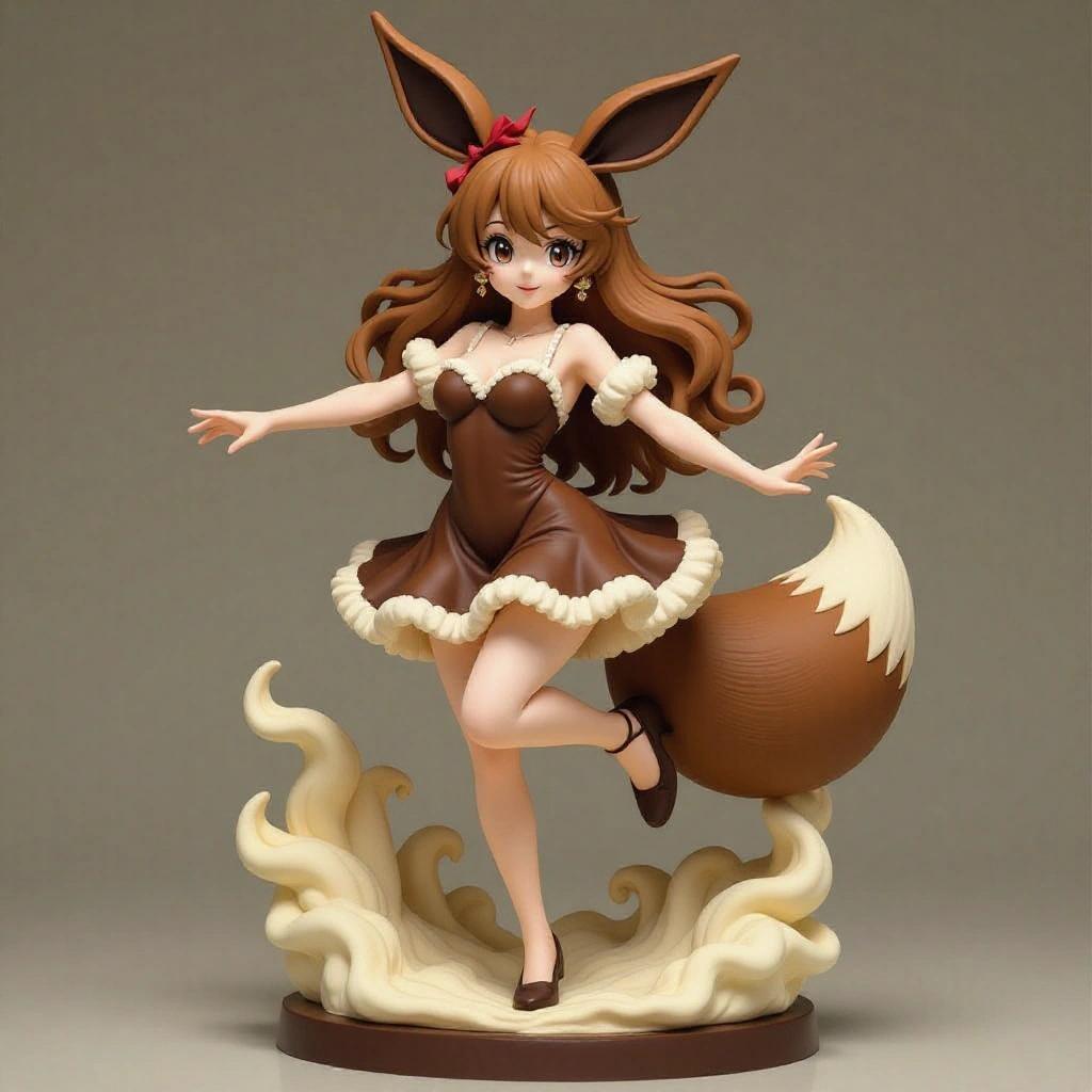 Eevee-inspired female resin figure. Stylized sensual woman with delicate body. Brown dress with fluffy details like Eevee's collar. Long wavy hair with large ears. Fluffy tail visible. Flirtatious dynamic pose with one leg raised. Sweet mischievous expression. Base decorated with leaves or flowers.