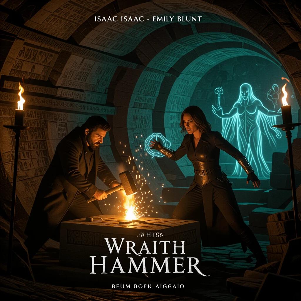 Fight between exorcist mercs against demons in an ancient weapon vault. Isaac using a glowing hammer on runes. Emily channels energy from gauntlets. Ethereal shadows emerge in darkness. Set in mystical catacombs.