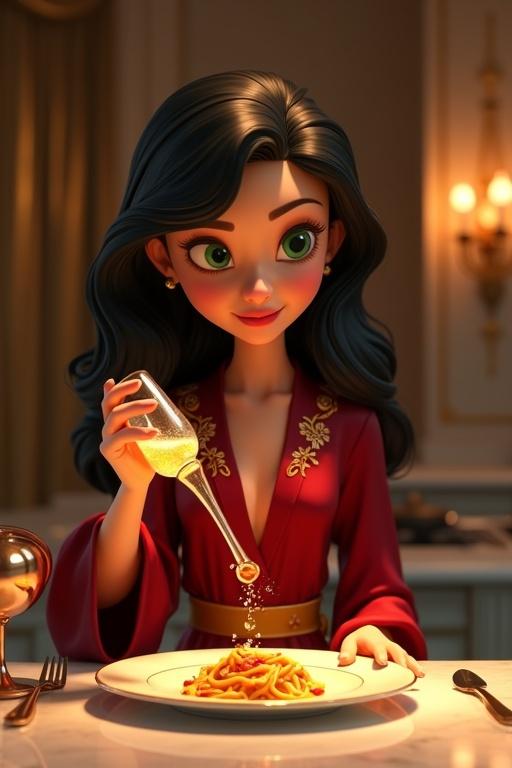Stylized animated scene featuring an elegant woman pouring liquid from an ornate vial onto pasta in a sophisticated kitchen. Flawless skin, wavy hair, and green eyes create a stunning focal point. Soft amber lighting enhances the atmosphere. The scene combines intimacy with subtle tension as a thief watches from above.