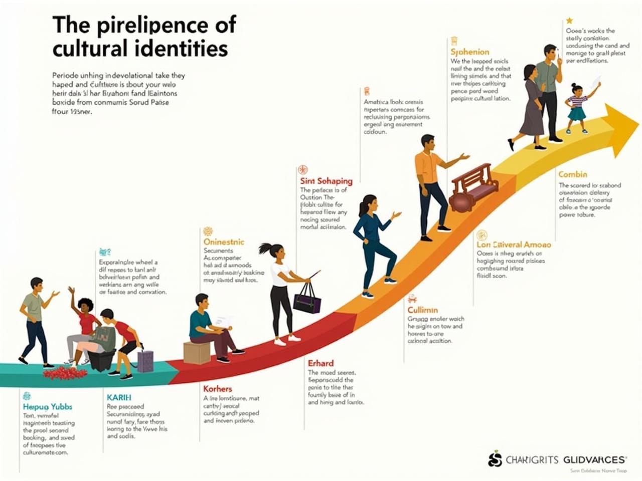 This infographic illustrates the various stages and elements involved in developing cultural identities. It features a colorful curve that represents the journey individuals take in shaping their cultural understanding. Various characters are depicted engaging in significant cultural practices across different time periods. The use of symbols and activities highlights the diversity and complexity of culture. This engaging design aims to educate viewers about how identities are formed and expressed within communities.