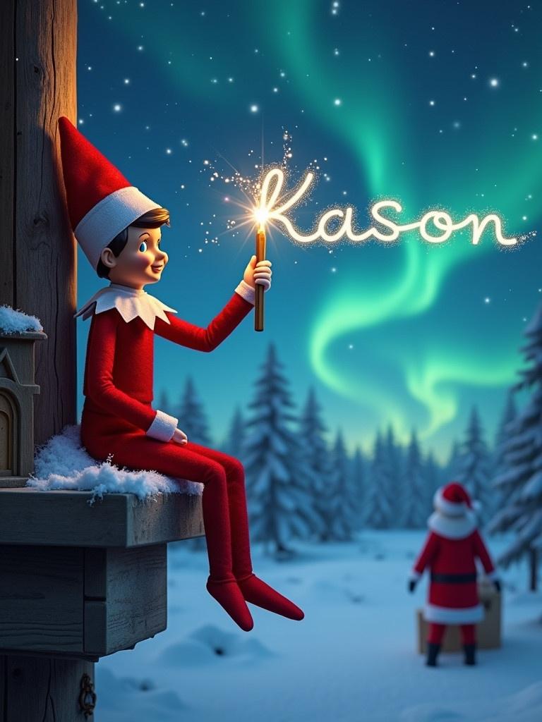 Enchanting Christmas scene with elf and Santa. Elf sits gazing upwards. Wand writes 'Kason' in sky. Northern lights in background. Snow blankets ground. Essence of holiday joy.