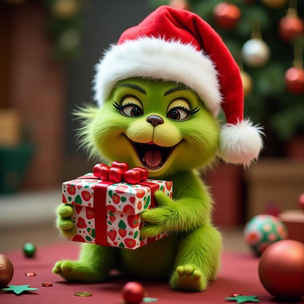 Baby Grinch wears a Santa hat and holds a present. The setting is festive with holiday decorations. The Grinch looks cheerful and cute.