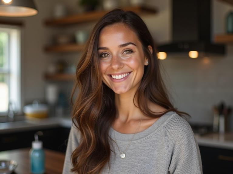 A woman with long hair smiles at the camera in a cozy kitchen. The kitchen has wooden shelves and modern decor. She looks inviting and happy, embodying a friendly and approachable vibe.