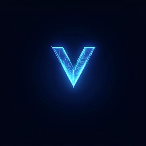 Design a logo for Vermillion Productions. The logo is blue and glows. The design features a glowing letter V against a dark background.
