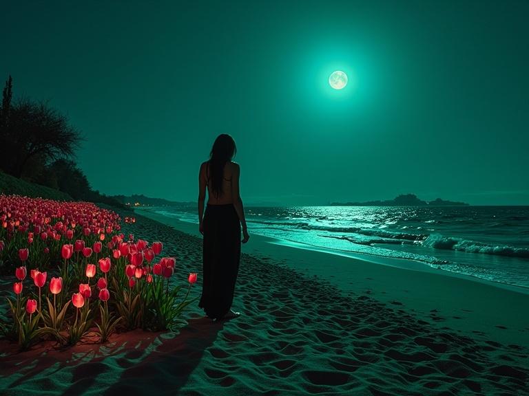 A beach scene at midnight featuring a woman with long hair looking at the moon. The background shows a glowing garden with strange plants. The sandcastle resembles a historic Persian site. The beach is illuminated by warm lights with a mix of purple and green hues. There's a mystical atmosphere with an ocean in view.