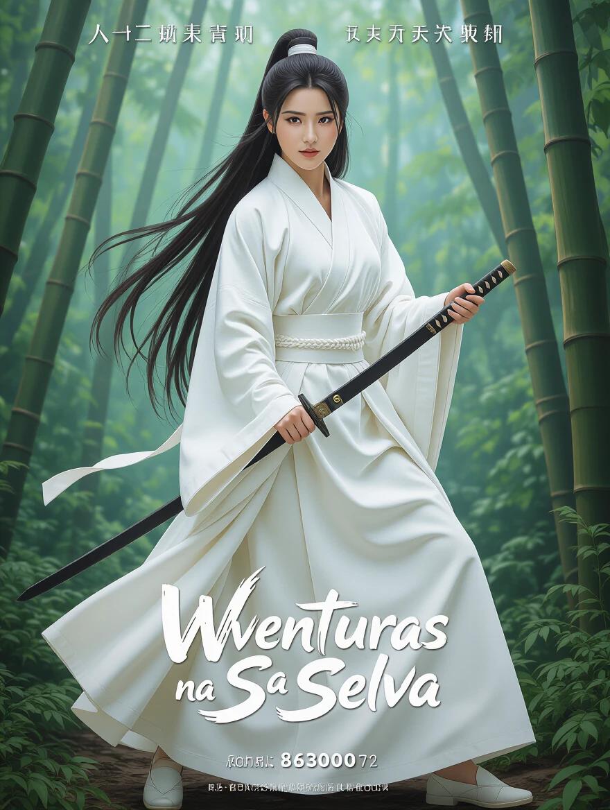 A woman dressed in white clothes holds a sword. She has long hair and stands confidently amidst bamboo. This is a movie poster for a Wuxia action film set in a jungle environment.