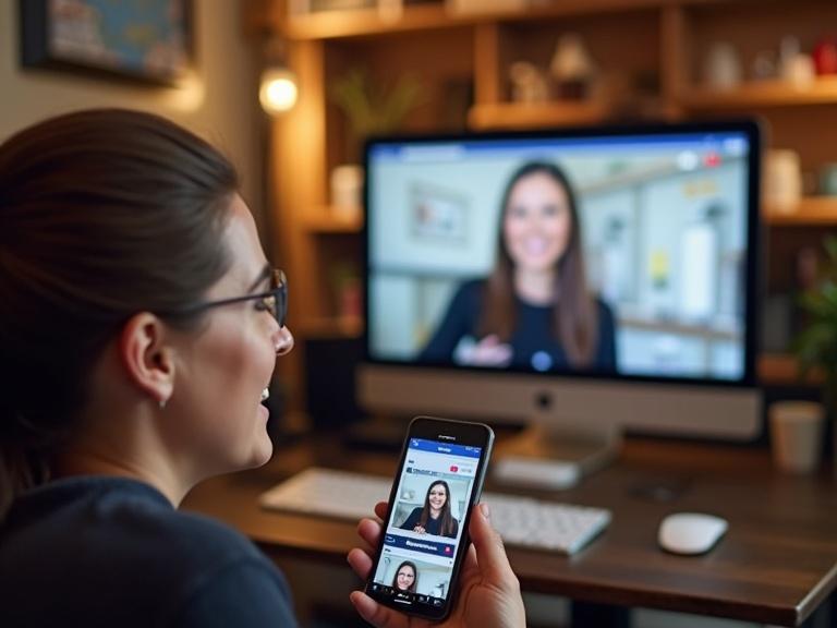 Woman participating in Facebook Live session. Engaging with audience using smartphone. Showing behind-the-scenes setup. Brightly lit room with computer showing live feed.