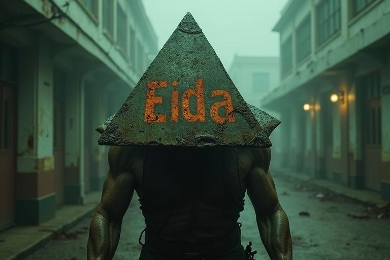 Pyramid Head depicted hauntingly. Large rusty pyramid head adorned with acid-etched letters spelling 'Eida'. Muscular humanoid body in tattered clothing. Grimy, fog-covered environment. Dark, gritty atmosphere with flickering lights.