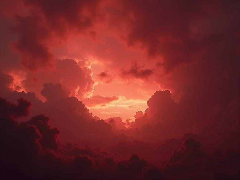 Wide-angle majestic sky scene with scattered clouds dominant deep crimson-maroon tone cinematic lighting epic atmosphere high contrast moody and powerful resembling mythological movie scene or apocalyptic vision awe and grandeur