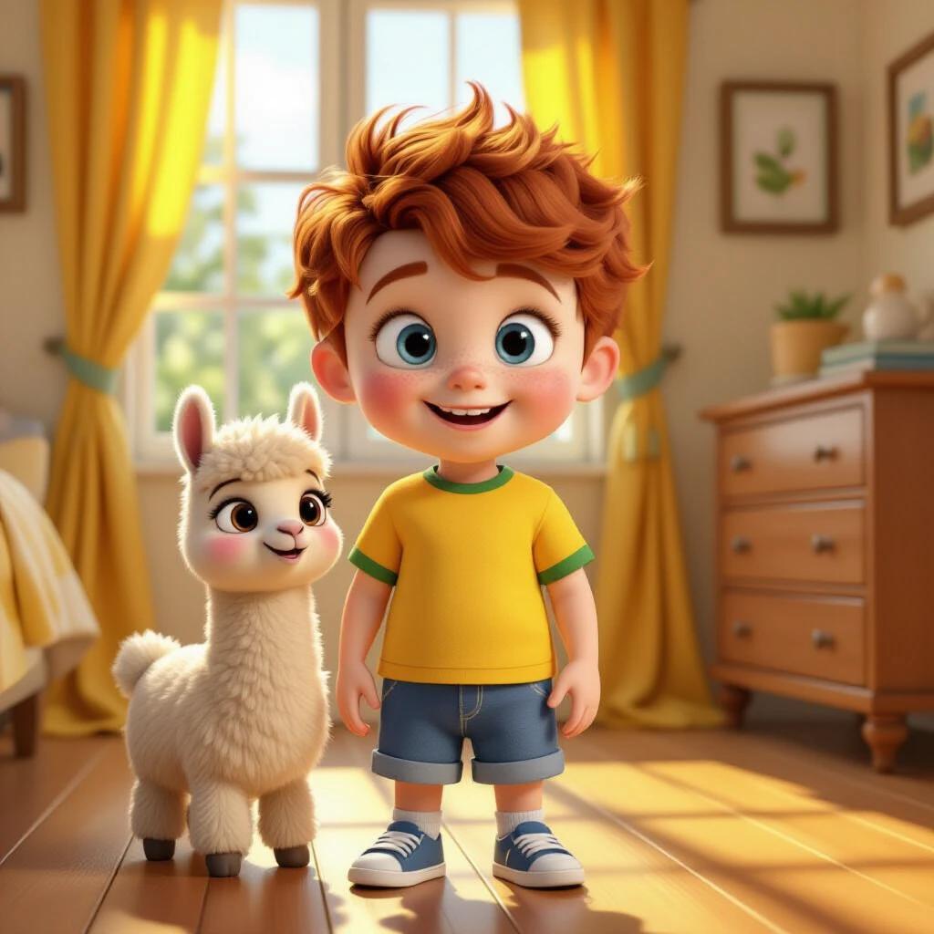 3D animated toddler with red hair and freckles stands next to a llama in a sunny room with wooden floors. Bright yellow curtains frame the window. The boy wears a yellow shirt with green trim and blue shorts. Soft lighting creates a joyful scene. The toddler has a smile and bright blue eyes.