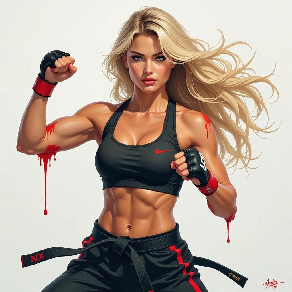Gorgeous woman performs dynamic karate pose. She wears athletic sportswear. Blonde hair cascades down. Red paint drips. Artwork shows high detail and energy.