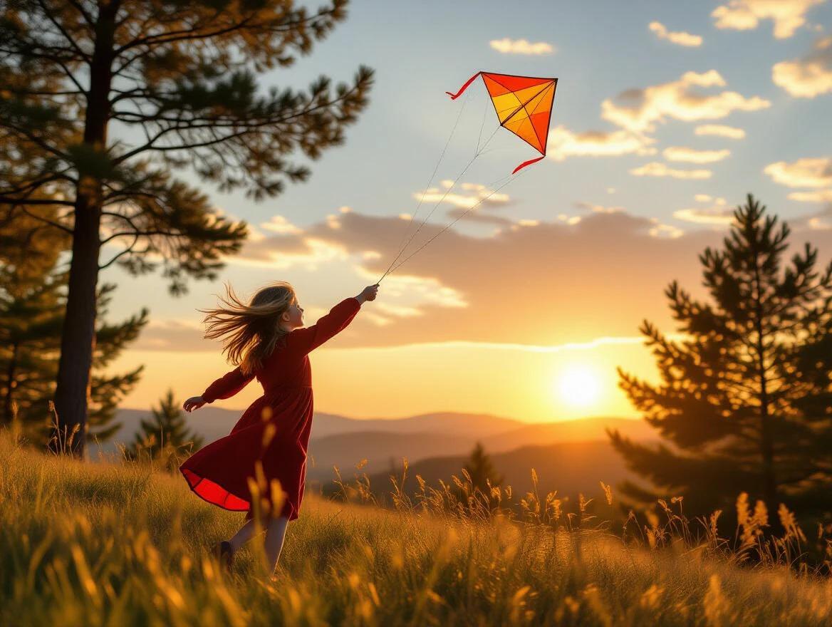 A girl wearing a red dress flies a kite on a hill. The sun sets in the background. Wind blows through her hair. Trees surround the scene. The lighting is soft and golden.