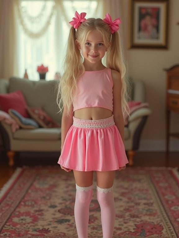 Youthful girl with long blonde hair in twin tails and pink bows stands in a living room. Wearing a pink crop top and a micro skirt. Smiling while wearing thigh-high socks. Surrounded by a warm and inviting space.