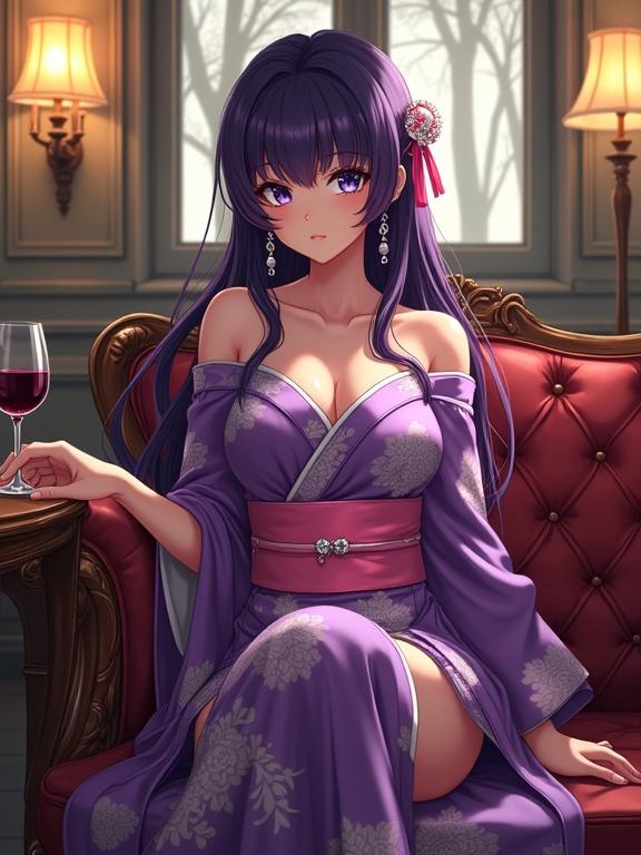 An elegant lady wearing a shiny violet kimono sits on a vintage leather sofa in a retro lounge. She has striking violet hair and long silver earrings. The setting is cozy with warm lighting and antique décor, including vintage lamps and wooden furniture. A glass of wine is on the table beside her. Her legs are crossed and she maintains a relaxed posture. The background offers a serene view of trees.