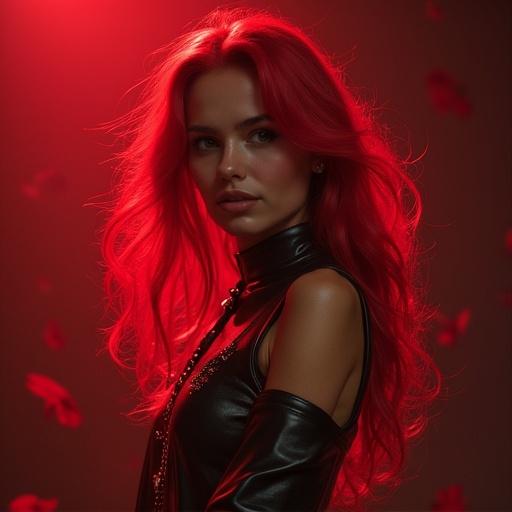 Caucasian woman with long red hair is a rock star wearing a red leather jacket in hyperrealistic 8k quality