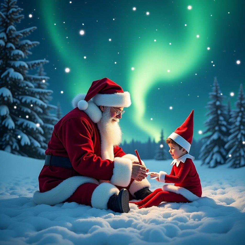 Santa Claus and an elf seated in snow. Northern lights illuminate the night sky. Santa writes something while looking at the eager elf. The scene captures the spirit of Christmas and celebration.