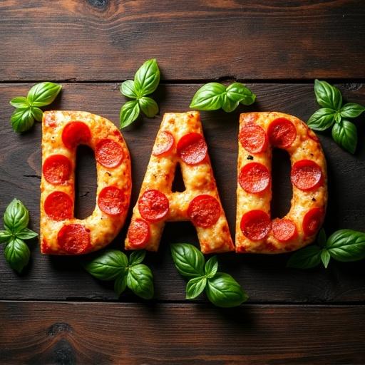 Creatively styled image themed for Father's Day. Central focus is on the word DAD spelled with pepperoni pizza in capital letters. Golden baked crust topped generously with pepperoni slices. Fresh basil leaves on and around pizza letters. Background is a dark wooden table with a warm rustic feel. Angled lighting highlights cheese gloss and crust crispness.