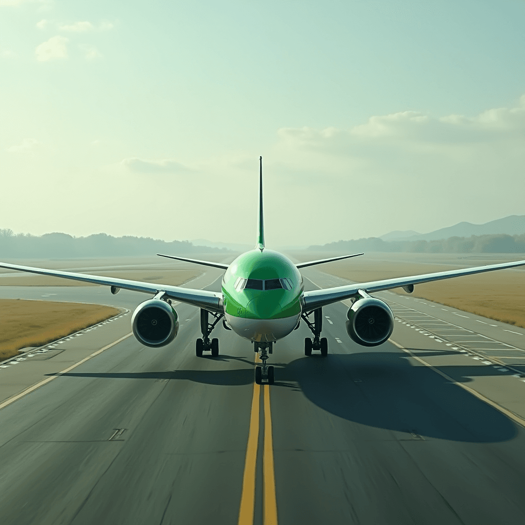 A green airplane is on a runway, ready to take off or land.