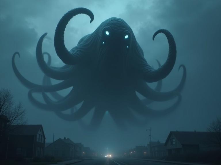 Digital painting depicts a large-scale tentacle behemoth against a dark, foggy sky. Twelve glowing blue eyes visible on the creature. Town and streets faintly visible below. Artistic style is polished and painterly. The atmosphere is ominous and dramatic.