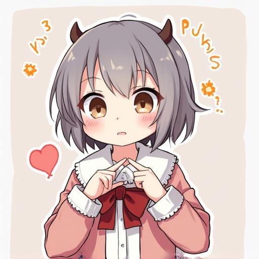 A cute anime girl with gray hair and horns. She has a thoughtful expression, wearing a pink outfit with a bow. The background is simple and bright. Emphasizes her character design and expression.