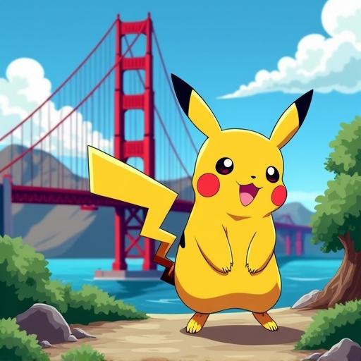 Pikachu character on the Golden Gate Bridge. Ghibli-inspired art with bright colors and a nature-filled landscape. Landscape orientation with a joyful Pikachu in the foreground.