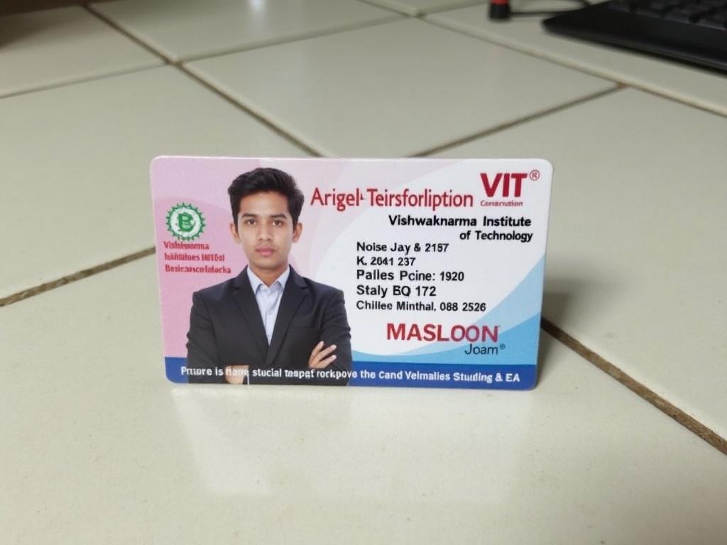 This image shows a student ID card from VIT Vishwakarma Institute of Technology placed on a tiled table. The card features a clear photograph of the student, along with personal details and identification numbers. The layout includes vibrant colors, highlighting the identity of the educational institution. The setting is simple, focusing solely on the ID card. It provides a glimpse into student life and the significance of ID cards in educational environments.