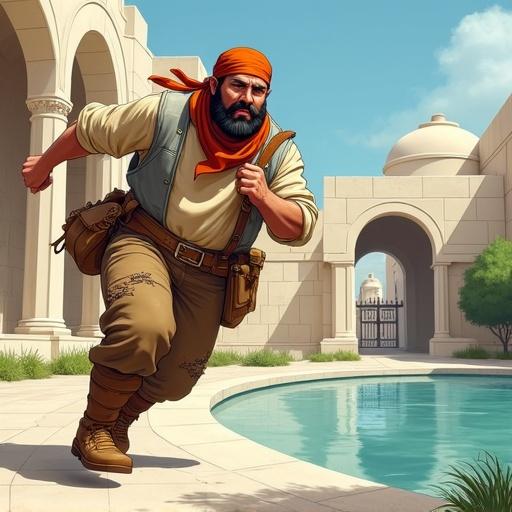 Dynamic illustration of a stout, bearded man wearing an orange bandana and beige tunic running urgently. He has a friendly face and a determined expression, mid-stride with arms in motion. He carries a leather satchel and woven net bag. Scene set in classical architecture with arches, domes, and a reflective pond. Bright day with green grass and trees. Rendered in classic cartoon style with thick outlines and simple color blocks.